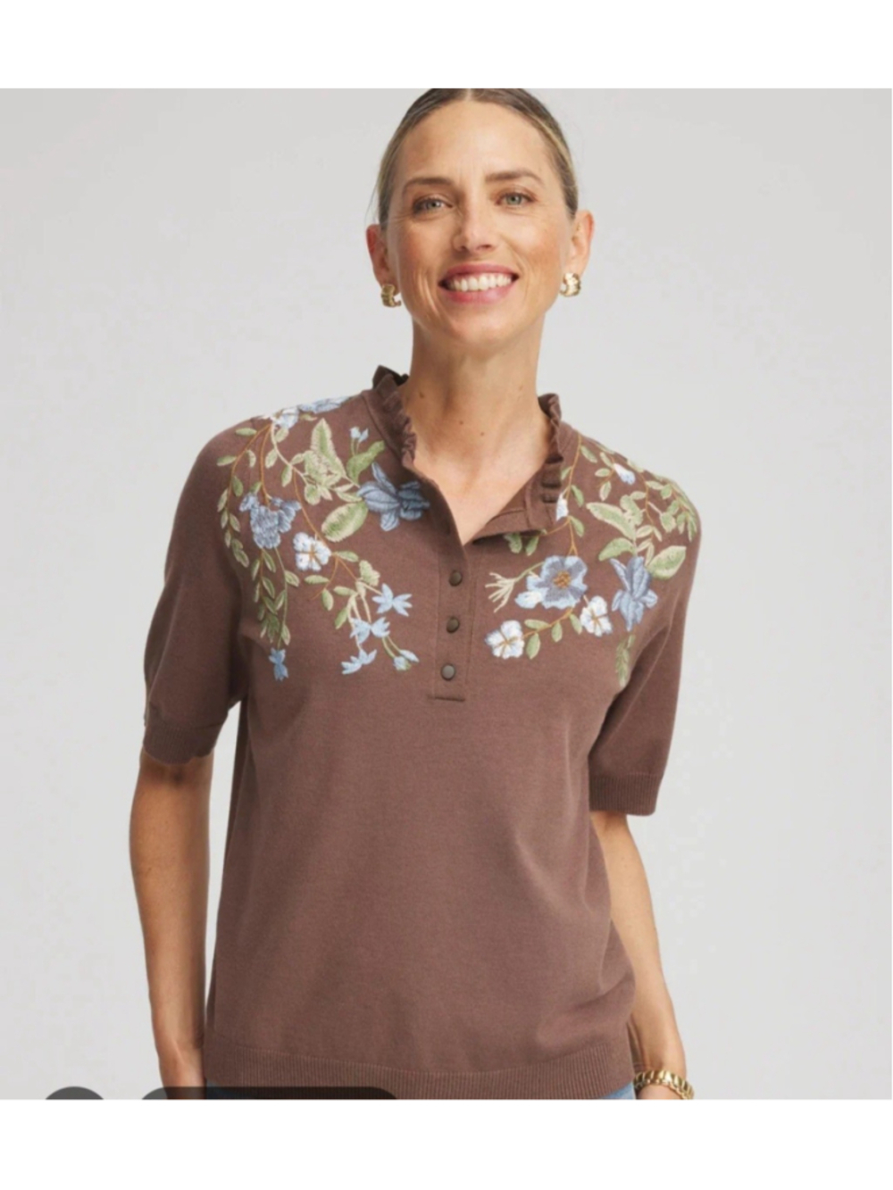 Chico's Women's Embroidered Henley Ruffle Neck Top Cottage Core Boho Cozy Sz 4